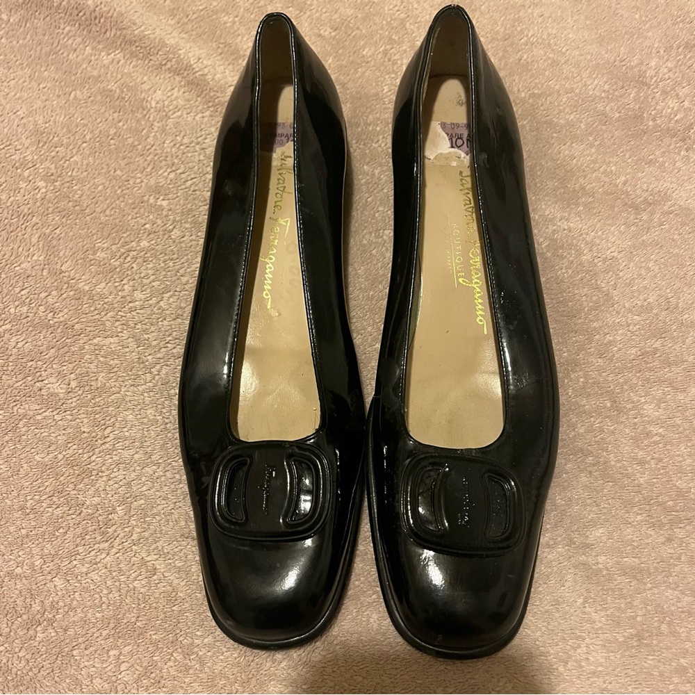 Salvatore Ferragamo Black Patent Leather Square-Toe Flats with Signature Buckle